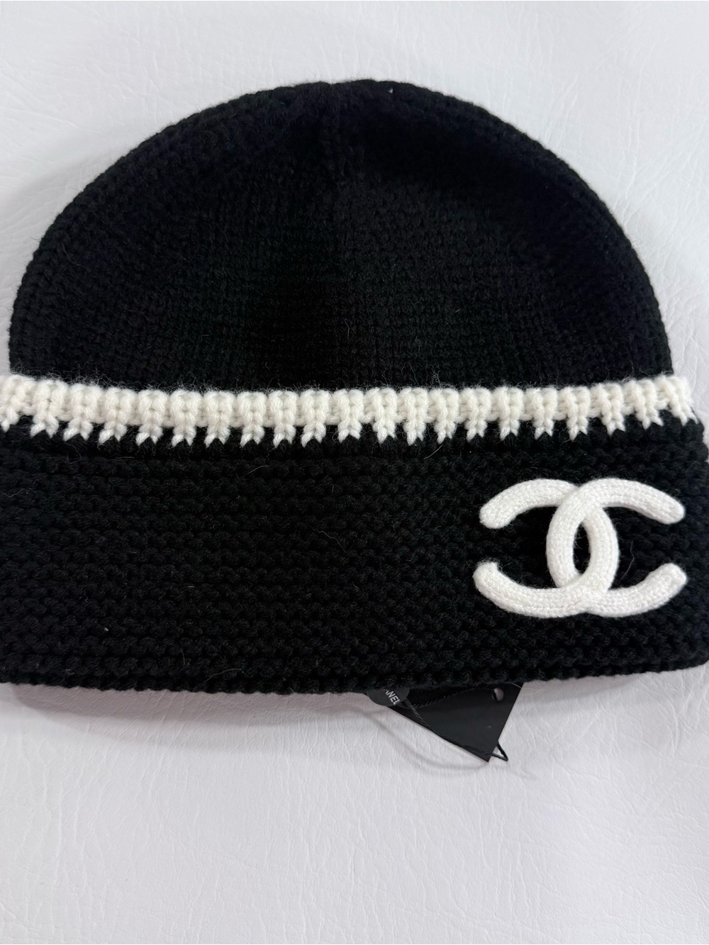 CHANEL Black and White Crochet Beanie with CC Emblem
